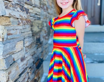 Rainbow twirly dress, flutter sleeve, super buttery soft, full circle skirt for maximum twirl, bright bold colors