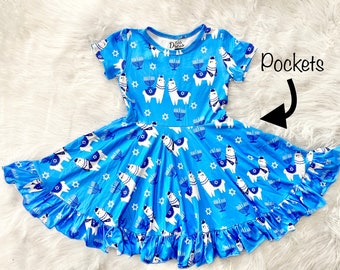Hanukkah Llama Twirly Dress, jewish, kids, girls, menorah, holiday, Star of David, Festival of Lights, twirl, blue, animal print