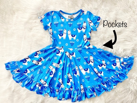 Hanukkah Llama Twirly Dress Jewish Kids Girls Menorah Holiday Star of David Festival of Lights Twirl Blue Animal Print Etsy Canada