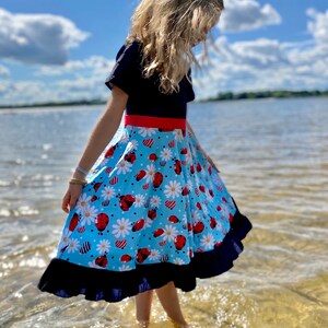 Blue and Black Lady Bug Dress, twirly, bug, girls, kids, toddler, buttery soft, spring, teal, red, ruffle, pockets, insect