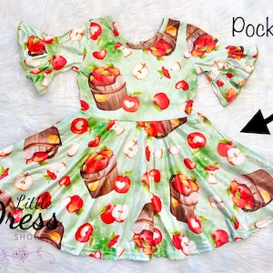 Fall Apple Twirly Dress, twirl, pockets, orchard, fall, apples, back to school, girls, kids, toddler, twirl, bell sleeve, autumn