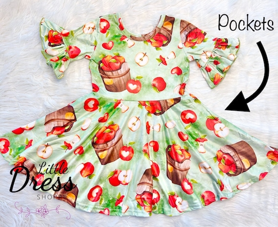 Fall Apple Twirly Dress, twirl, pockets, orchard, fall, apples, back to school, girls, kids, toddler, twirl, bell sleeve, autumn