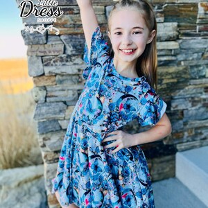Blue Butterfly and Moon Twirly Dress, twirl, night, girls, pockets, little dress shoppe, flutter sleeve, soft, night, winter, spring, silver