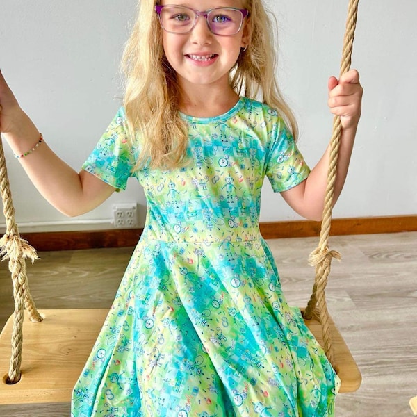 Robe robot Twirly, tige, filles, tout-petit, ombre, poches, virevolter, science, enfants, vert, jaune, virevoltant, petite robe Shoppe