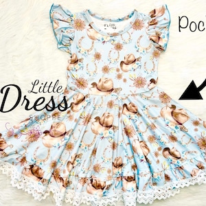 Cowgirl Twirly Dress, western, pockets, girls, toddler, adult, twirl, horseshoe, cowboy hat, lace, soft, flutter sleeve, rodeo, horse