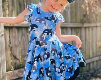 Vestido de orca, baleias, orca assassina, rodado, vestidos infantis, vestido para bebês, vestido para crianças pequenas, vida marinha, vestido oceânico, vestido de praia, azul, preto, rodado