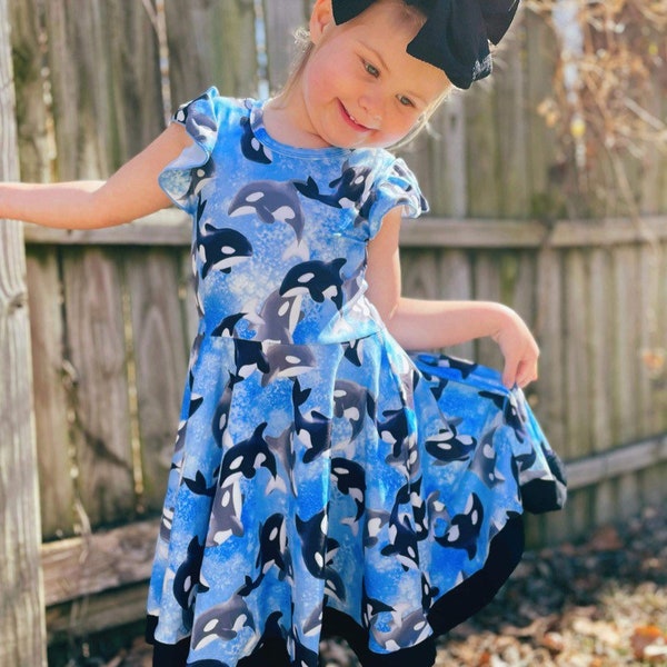 Orca dress, whales, killer whale, twirly, girlsdresses, toddlerdress, babydress, sea life, ocean dress, beach dress, blue, black, twirl