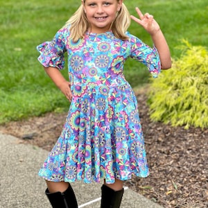 Retro 70s Twirly Paisley Dress, floral, rainbow, pockets, twirl, kids, toddler, girls, buttery soft, bell sleeve