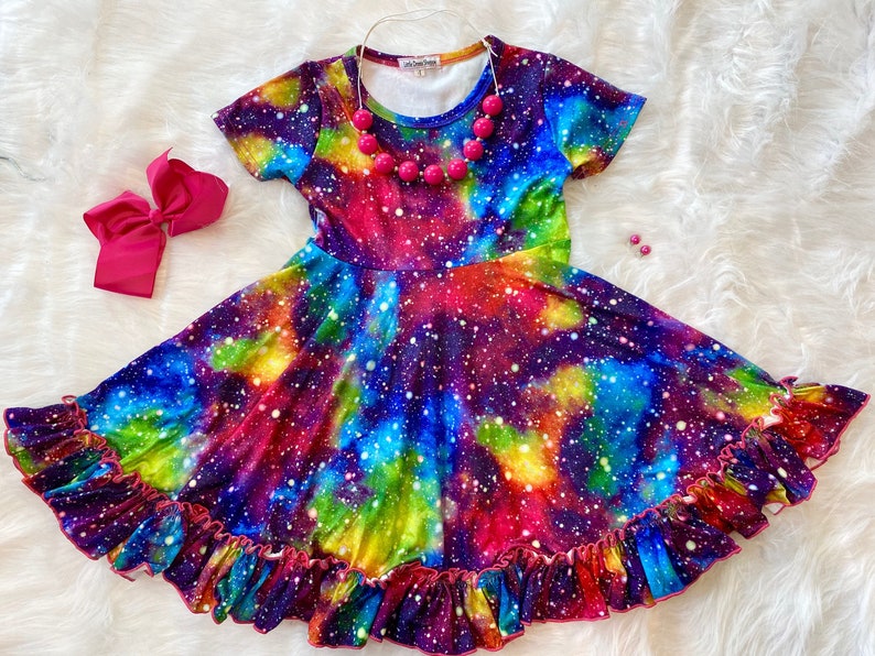 twirly dress buttery soft ruffle trim Milky Way cap sleeve colorful rainbow dress bold toddler dress, Galaxy dress winter dress