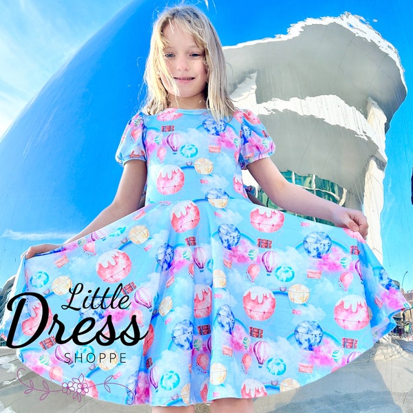 Hot Air Balloons Twirly Dress, blue, pink, pockets, twirl, girls, toddler, puff sleeve, sky, spinning