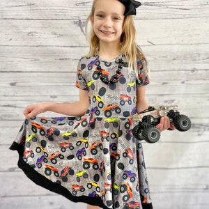Monster Truck Twirly Dress, twirl, gray, black, girls, full circle, buttery soft, tractor, trucks,