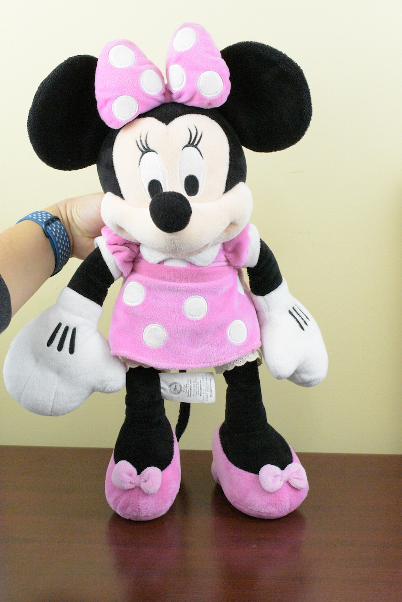 Minnie Mouse Plush With Tail Pink Bow On Head Neck & Back Polka Dot Dress Stuffed Animal Disney Store image 1