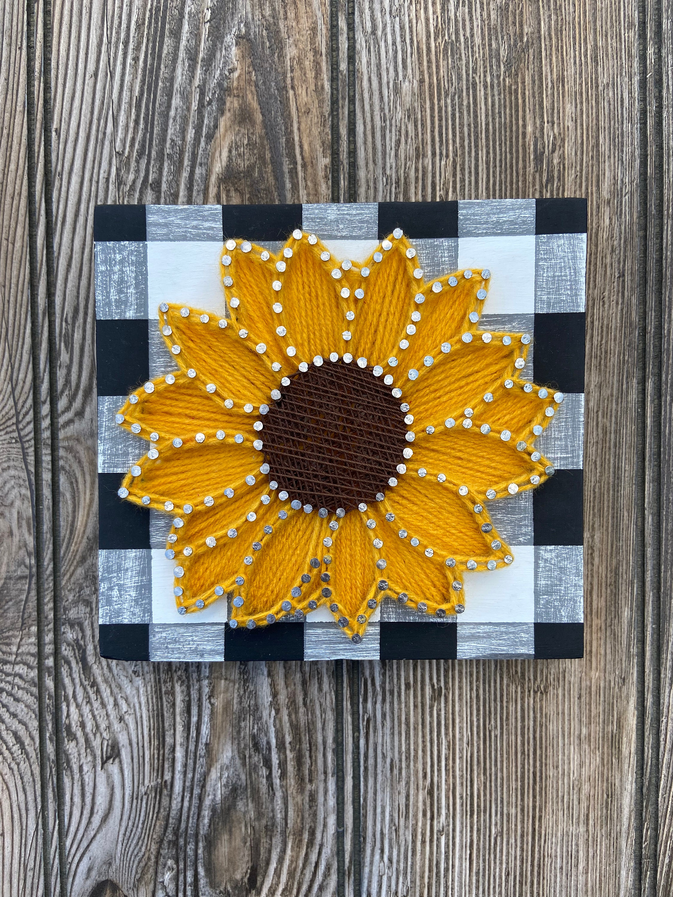 Sunflower string art, Sunflower sign, Hand painted sign, Sunflower decor, Buffalo plaid, Flower string art, String art decor