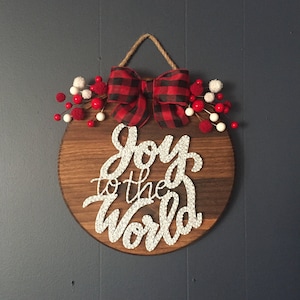 Joy to the World String Art: Christmas Wood Sign with Buffalo Check Bow, Christmas Decor