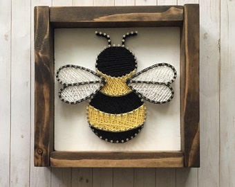 Bee string art, Bumble bee decor, Framed bee sign, Bee decor, Shelf sitter, Bee art, Bumble bee string art