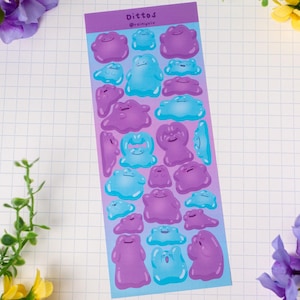 May include: A sticker sheet featuring various cartoon characters in shades of purple and blue. The characters have simple, rounded shapes and smiling faces. The sheet has the text "Dittos @rainyyiv" at the top.