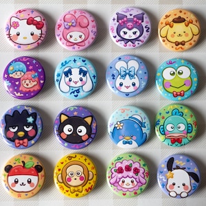 Cute SNRO 1.5 inch Pinback Buttons | Kawaii Character Kitty and Friends | Animal Aesthetic Round Buttons