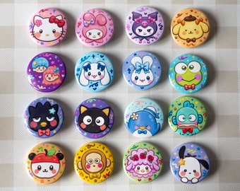 Cute SNRO 1.5 inch Pinback Buttons | Kawaii Character Kitty and Friends | Animal Aesthetic Round Buttons