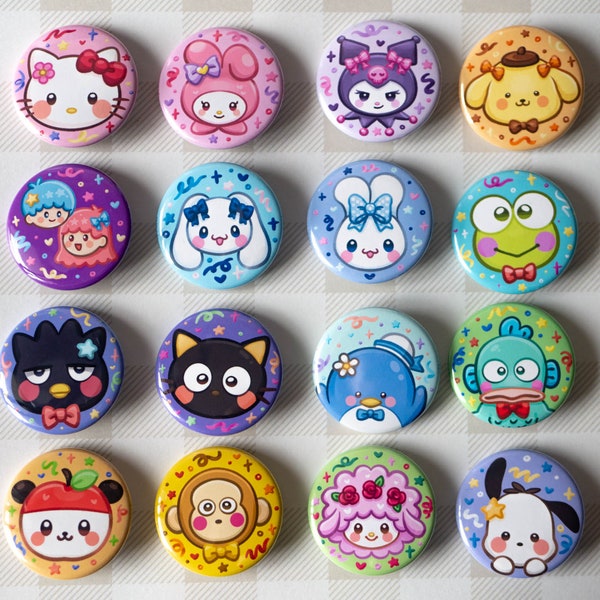 Cute SNRO 1.5 inch Pinback Buttons | Kawaii Character Kitty and Friends | Animal Aesthetic Round Buttons