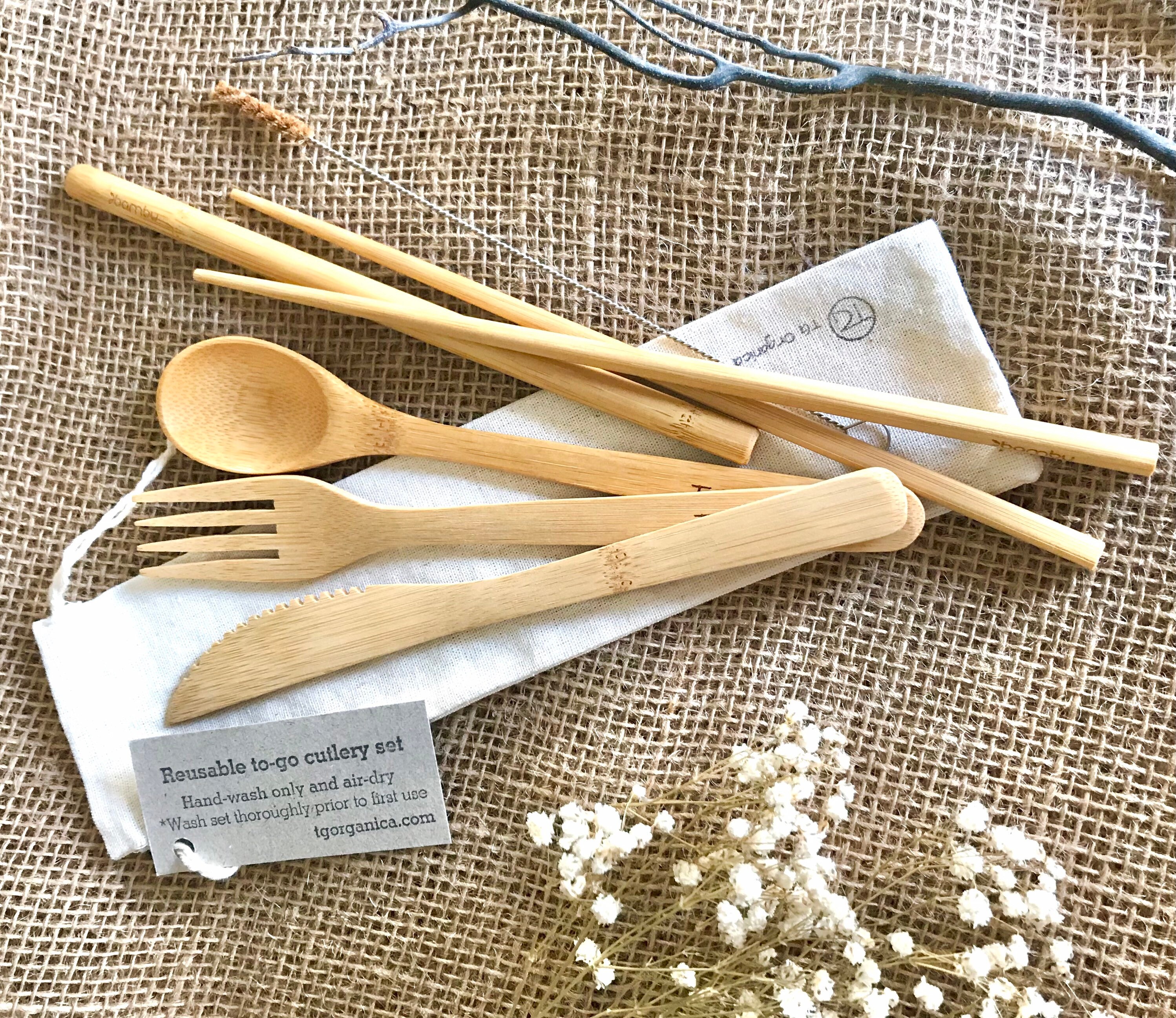 Zero waste Reusable bamboo cutlery / utensils set with up-cycled / re…
