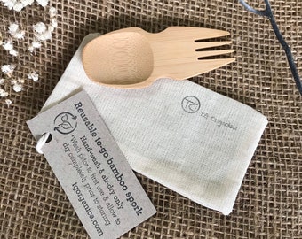 Zero-waste reusable organic bamboo spork with up-cycled / repurposed cotton carry bag - small eco-friendly to-go cutlery / utensils option