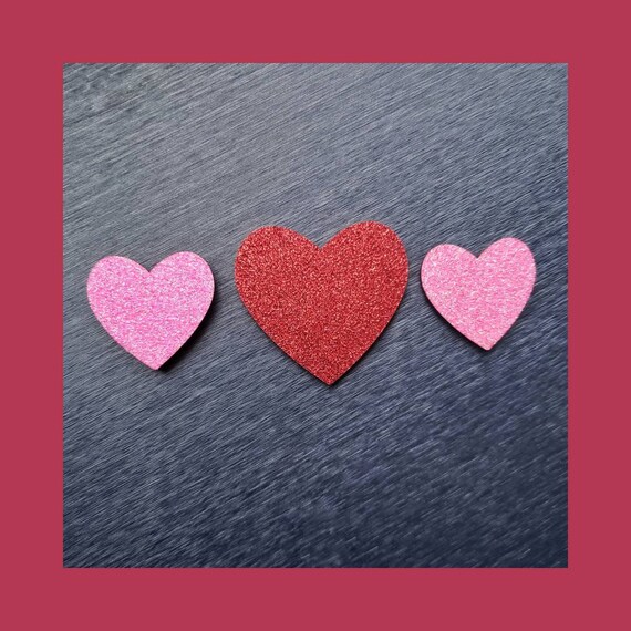 Set of 3 Valentines Day Heart Magnets. Wooden Glitter Heart Fridge Magnets.  