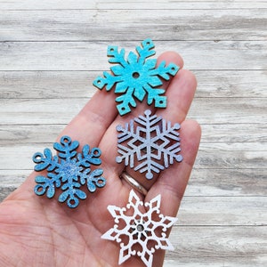 Set of Mini Winter Snowflake Magnets. Painted Wood Snow Flakes.