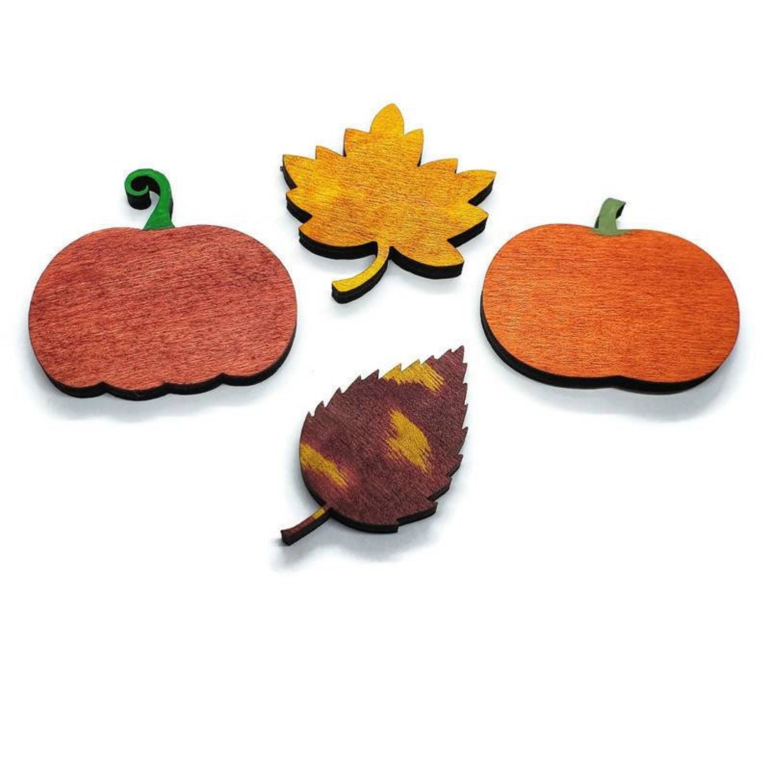 Set of 4 Wood Fall Magnets, Pumpkins & Autumn Leaves Log Cabin Mountain ...