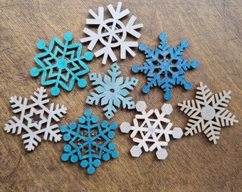 Snowflake Magnets Set, Painted Wood Snow Flakes, Sparkly Winter Fridge Magnets, Cute Holiday Cubicle Decor, Fun Blue & White Kitchen Decor.