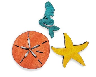 Set of beach themed magnets, Mermaid, Starfish, Sand Dollar, bright summertime magnets. Set of 3 Crustaceancor gift.