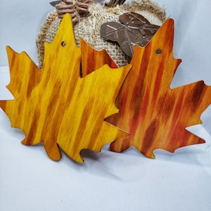 Set of 2 wood fall leaf ornaments, Stained Wooden Autumn Leaves.