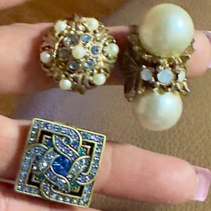 Vintage Costume Ring Lot of 3, Mid Century Statement Rings, Faux Pearl Cluster, Double Pearl Bypass, Square Sapphire Blue Rhinestone Filigre