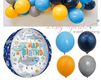 Helium Orb Balloon * Ocean Theme * Shark Balloon * Happy Birthday Balloon * 15 inches Inflated Size