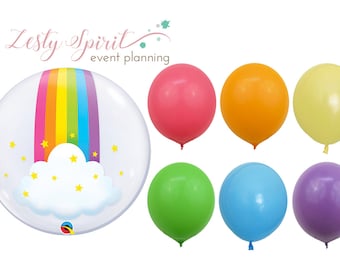 Helium Bubble Balloon * Rainbow Clouds * Happy Birthday Balloon * 24" Inflated Size for Parties