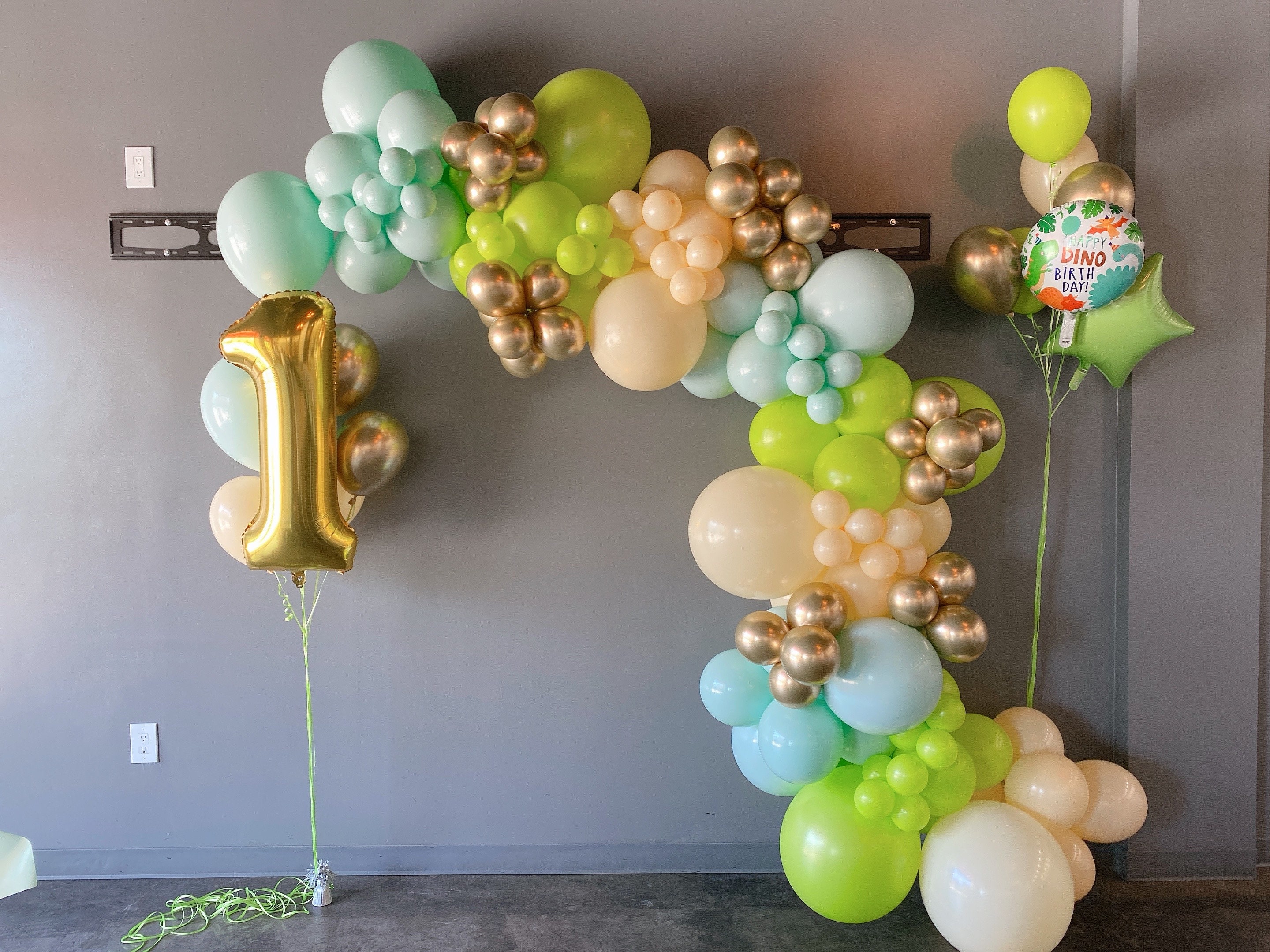 Balloon Arch Pastel Peach Pastel Green and Lime Green DIY Balloon Arch Kit Baby Dinosaur
