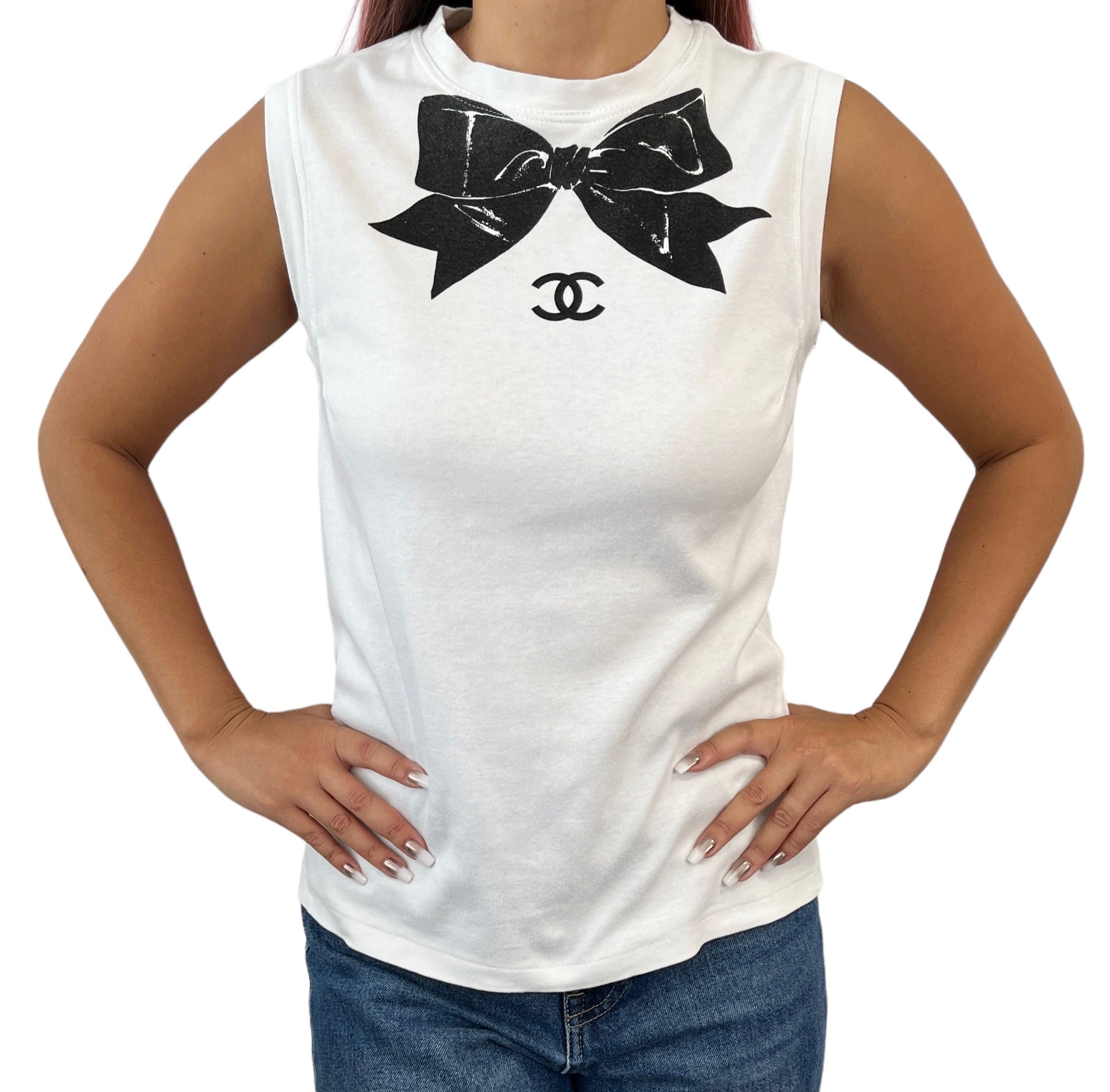 CHANEL Vintage CC Logo Ribbon Tank Top Sleeveless Top White 