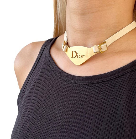 Christian Dior Vintage Logo Choker Accessory Necklace Beige Gold