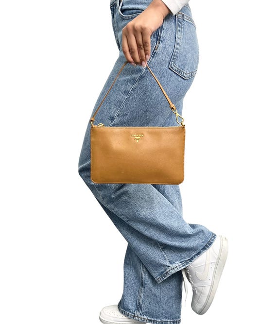 PRADA Vintage Logo Mini Shoulder Bag Zip Light Brown Gold