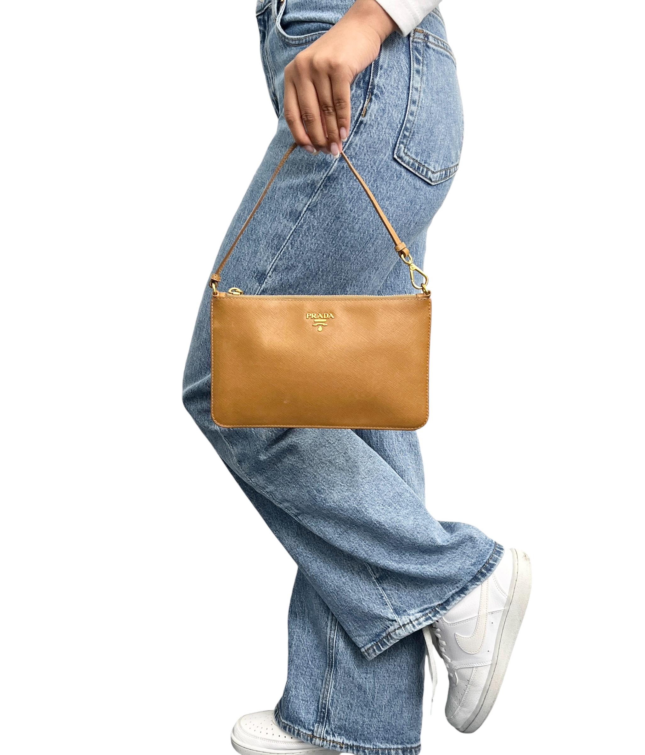 PRADA Vintage Logo Mini Shoulder Bag Zip Light Brown Gold PRADA Vintage Logo Mini Shoulder Bag Zip Light Brown Gold