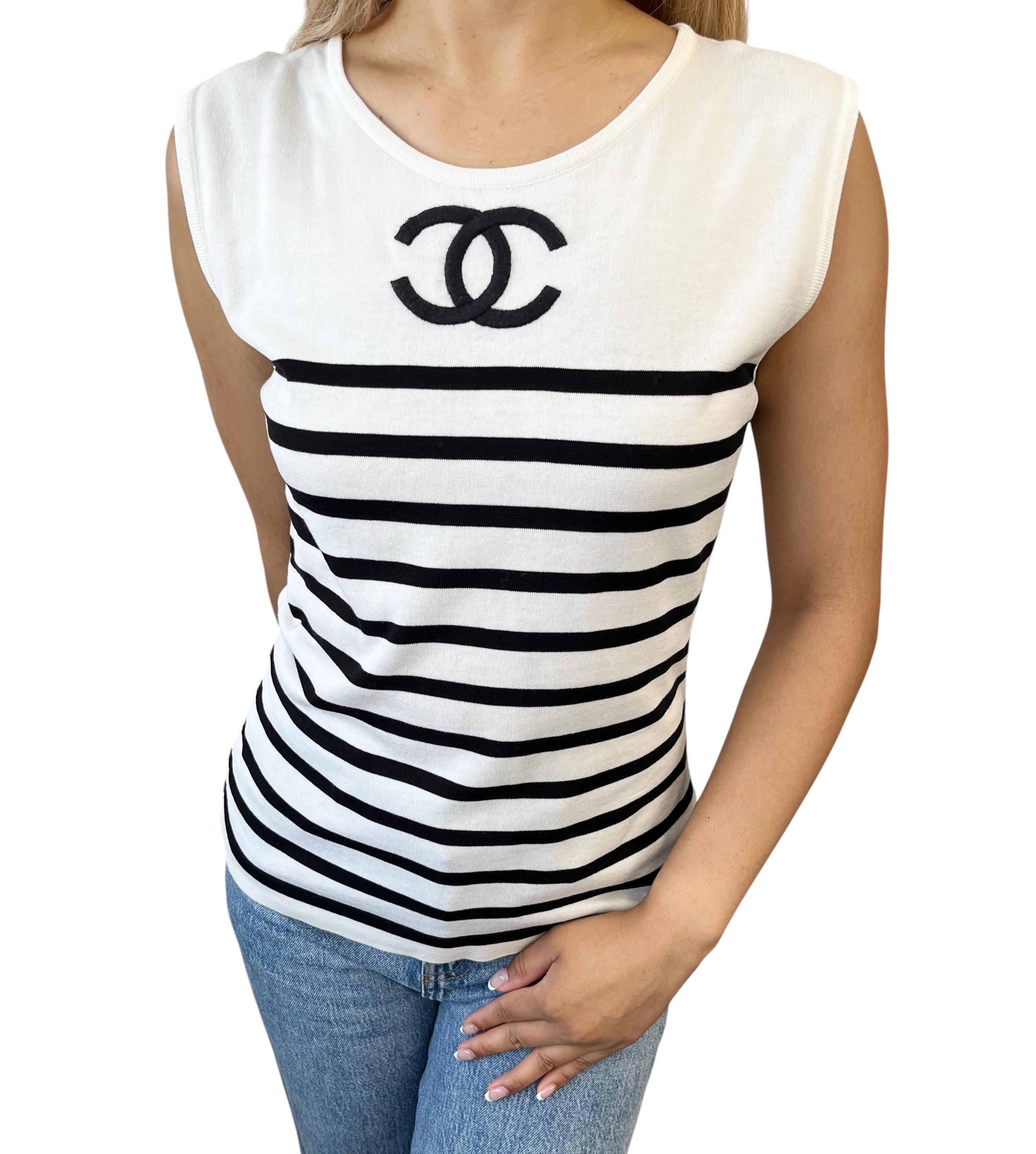 CHANEL Vintage 1994 CC Logo Striped Sleeveless Top #40 Tank White