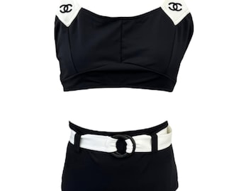 CHANEL CCマーク　水着　新品未使用　国旗　レア　42 CHANEL Vintage CC Mark Bicolor Swimsuit Bikini #42 Black