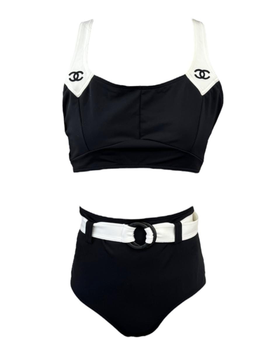 CHANEL Vintage CC Mark Bicolor Swimsuit Bikini 42 Black White Nylon Rank AB Etsy