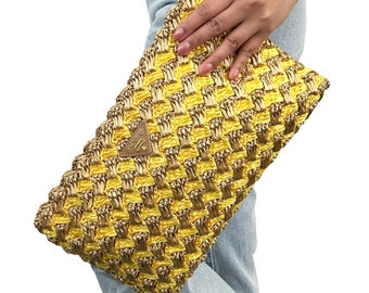 PRADA Vintage Logo Raffia Clutch Bag Yellow Beige Polyethylene Zip RankAB+