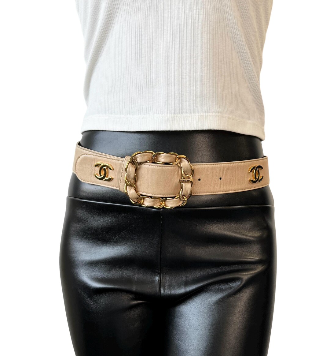 ホットセール 口コミ Buckle Logo Mark CC Vintage CHANEL Belt Gold Cream #70/28 小物