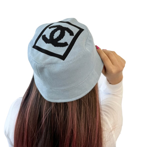 CHANEL Sport Vintage 03A Big CC Mark Knit Bucket Hat #S Blue Black