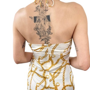 CELINE Vintage Logo Chain Pattern Dress S Strapless Gold White Rayon Rank AB image 4