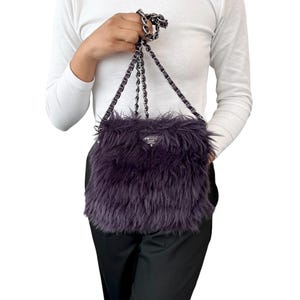 PRADA Vintage Logo Fur Chain Crossbody Bag Purple Silver Zip Leather Rank AB