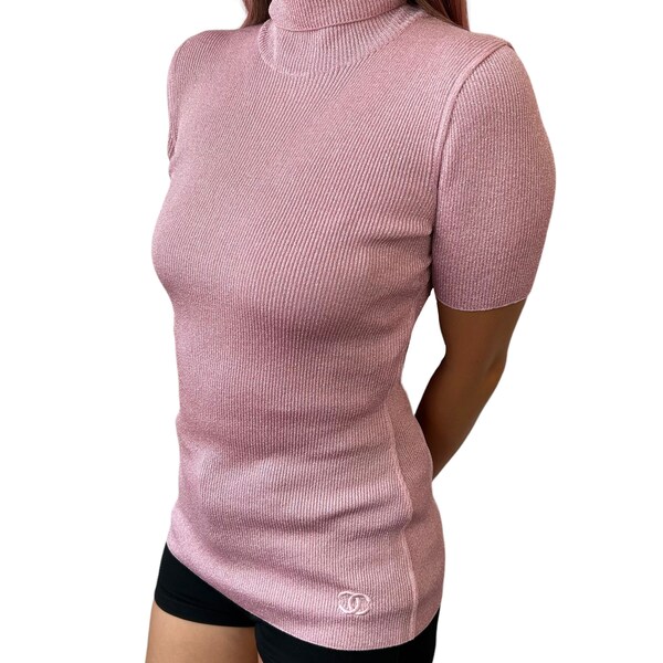 CHANEL Vintage 96A CC Mark Logo Knit Top #38 Turtleneck Pink Glitter RankAB