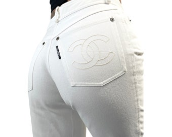 CHANEL Vintage Coco Mark Pants Bottoms Logo CC White Beige Cotton RankAB