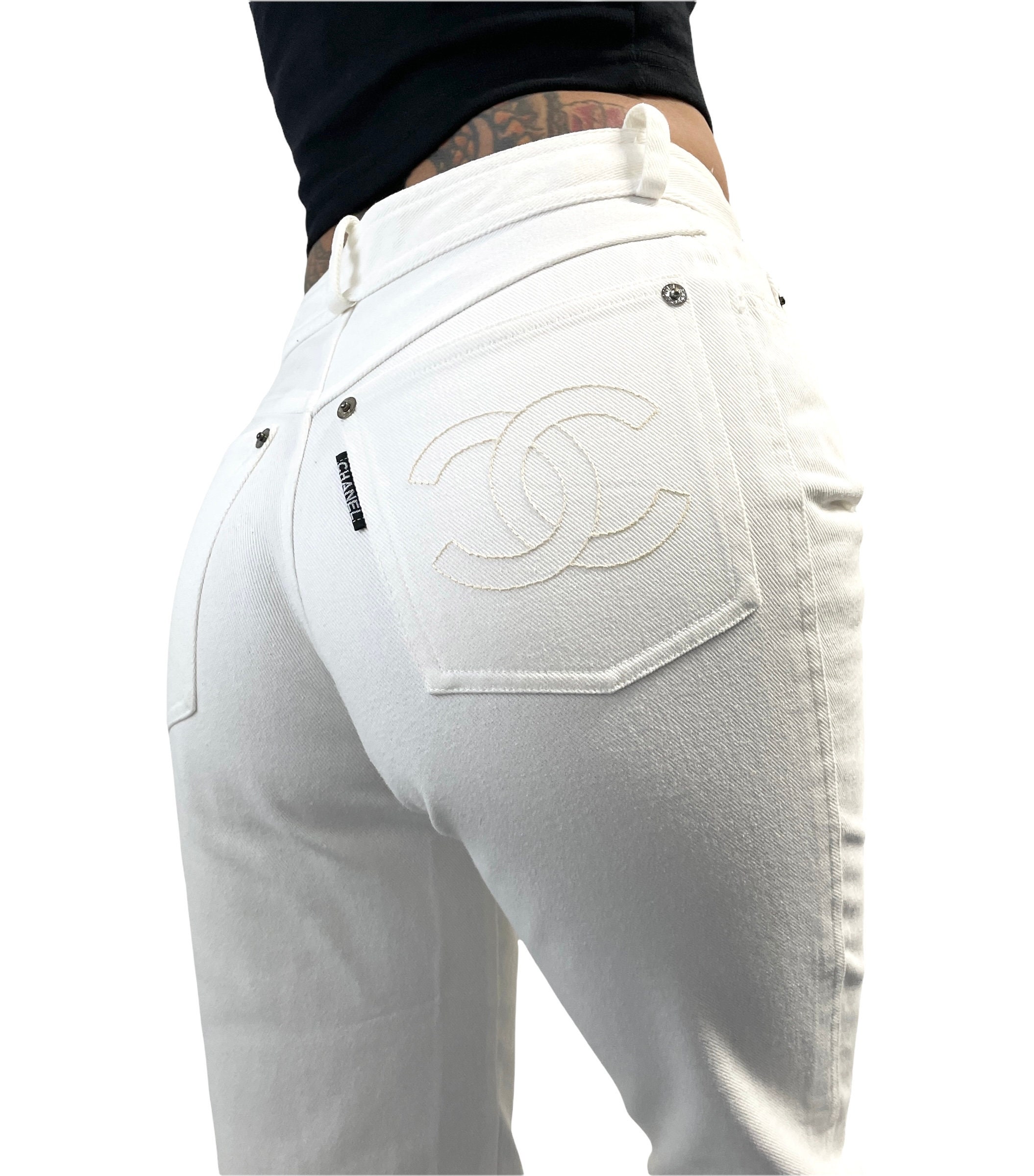 CHANEL Vintage Coco Mark Pants Bottoms Logo CC White Beige 